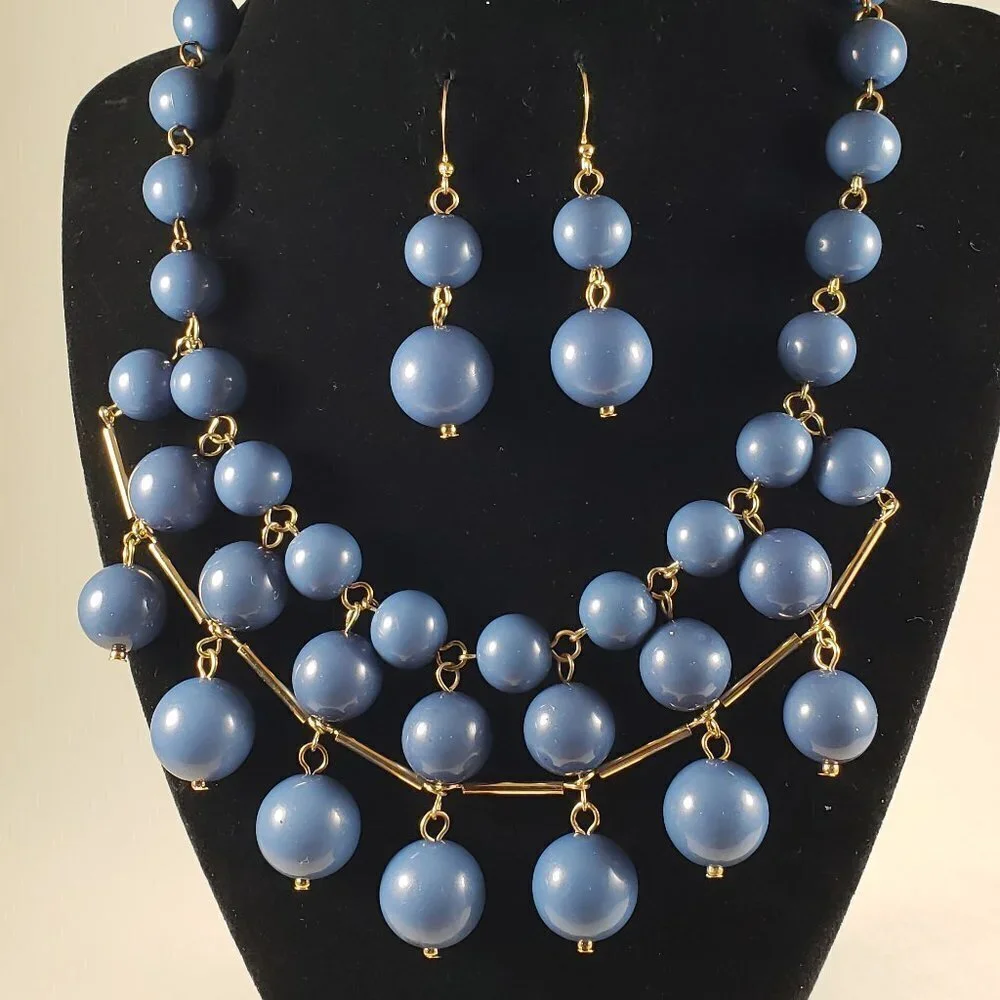 Blue Beaded Necklace & Earrings Set with Gold Links – Statement Evening Jewelry